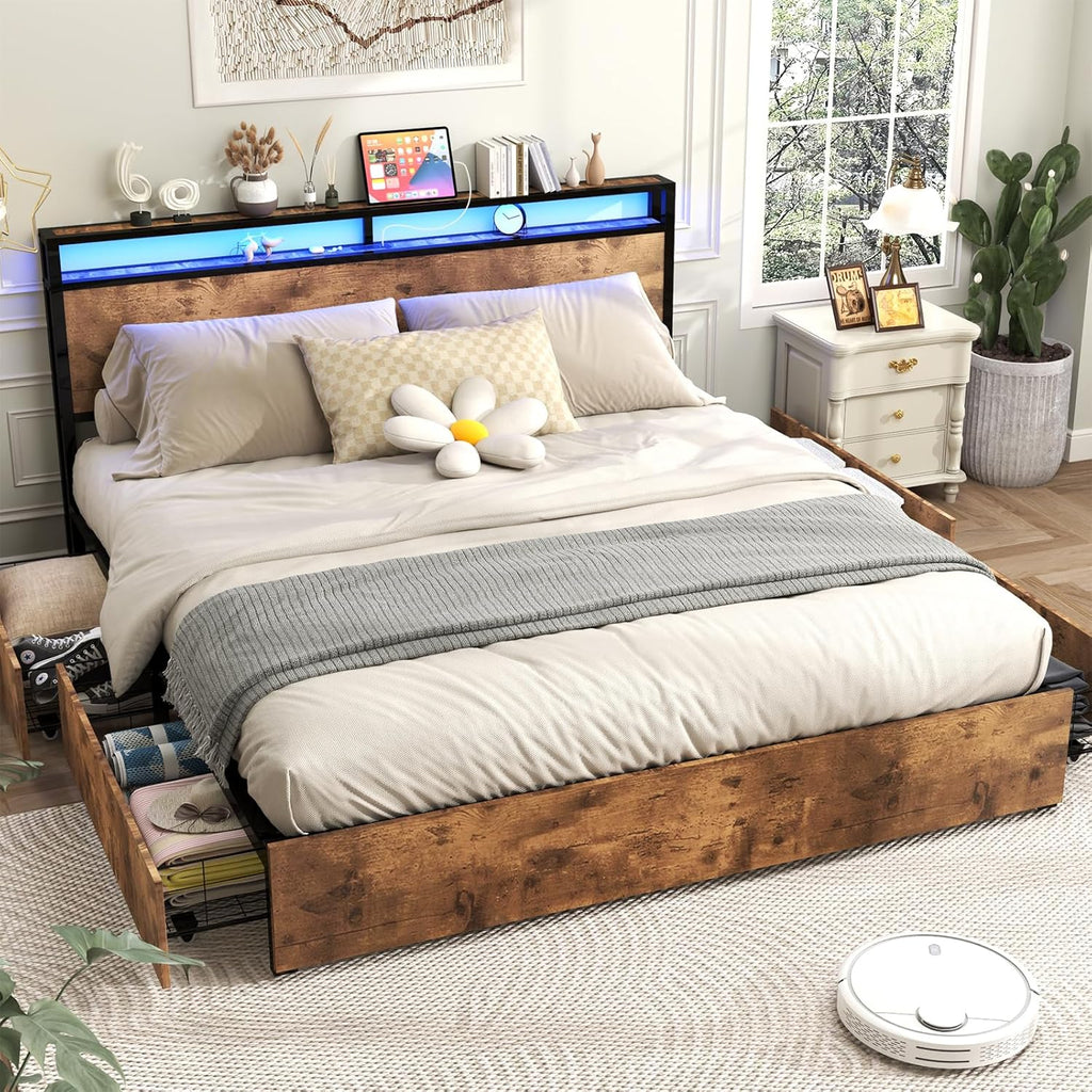 Kiivakii King Size Bed Frame with 4 Storage Drawers, LED Platform Bed with Headboard, Built in Charging Station, Noise-Free, Metal Support Base, No Box Spring Needed, Rustic Brown