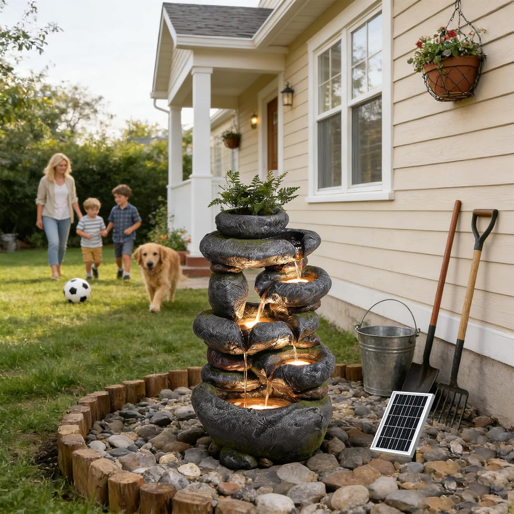 5-Tier Solar Water Fountain Outdoor Garden Cascading Rock Feature, 29.5''Tall Solar Powered Outside Fountains and Waterfalls with Lights for Garden, Patio, Yard, Deck Home Décor
