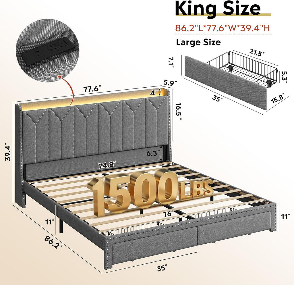 WLIVE King Size Upholstered Bed Frame with 2 Drawers, Storage Headboard Platform Bed with Charging Station and LED Light, Sturdy Metal & Wooden Slats Support, No Box Spring Needed, Light Grey
