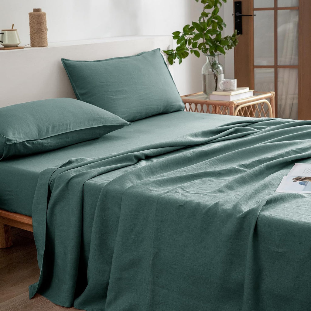 EVERLY Linen Sheets Queen Size,100% Stonewashed Pure French Linen16Inch Deep Pocket Sheets,4Pieces (1Flat Sheet,1Fitted Sheet,2Pillowcase) Natural Flax Soft and Breathable for Hot Sleepers-Aqua