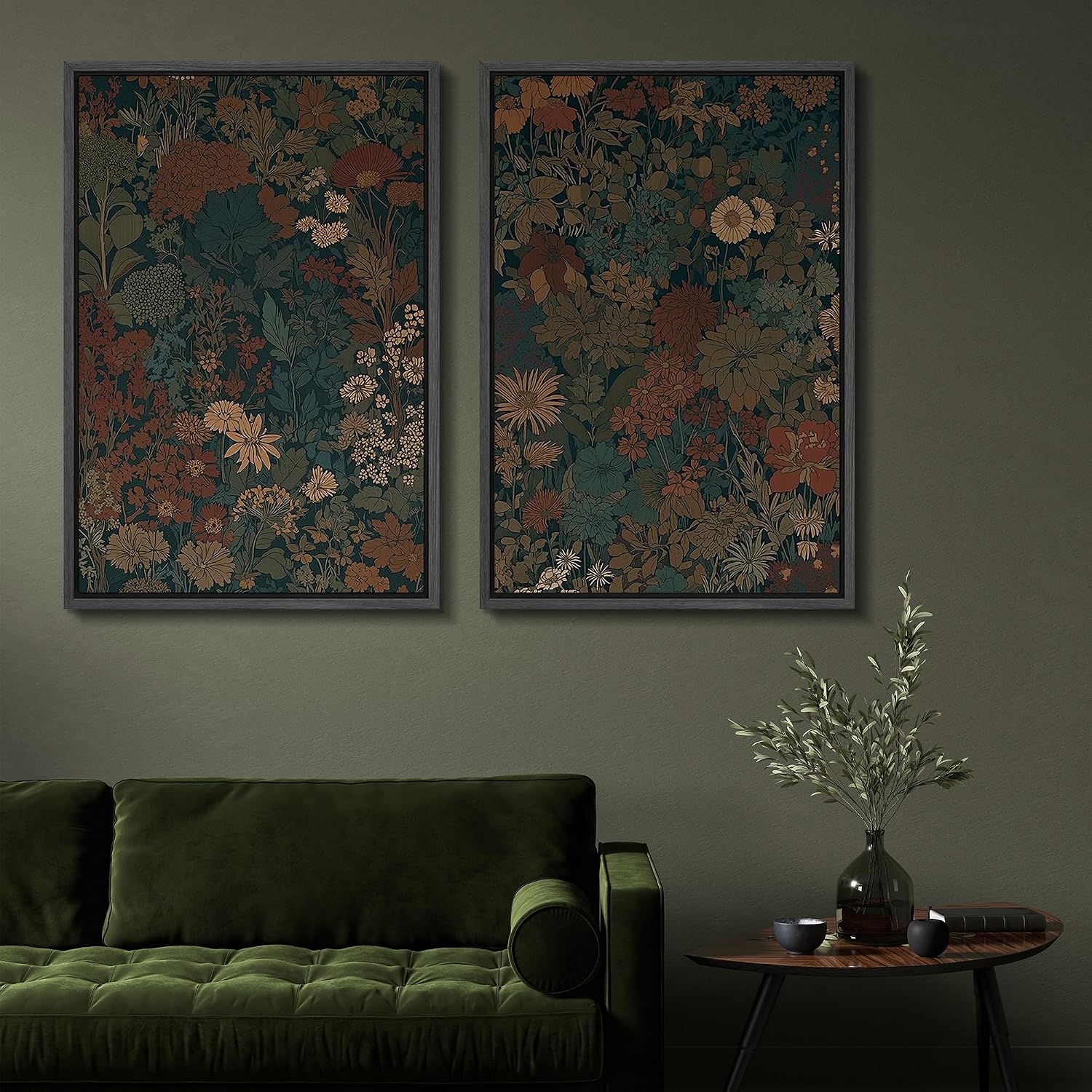 SIGNFORD Framed Canvas Print Wall Art Set Vintage Botanical Floral Dark Green and Rust Toned Illustration Modern Art Decorative Nordic Nature for Living Room, Bedroom, Office - 24'x36'x2 Black