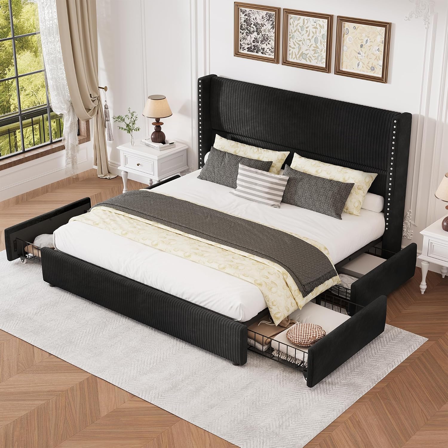 LARMACE Black Queen Bed Frame with Headboard Upholstered Platform Bed Frame Queen Size with 4 Storage Drawers Corduroy Bed Frame with Vertical Stripe,Solid Wood Leg/No Box Spring Needed/Noise Free