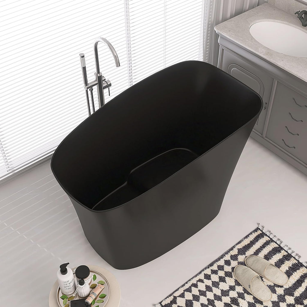 SJ STAR&JANE 51' Solid Surface Japanese Soaking Bathtub Stone Resin Freestanding Tub Deep Soaking Bathtub Sit-In Design with Overflow and Drain in Matte Black