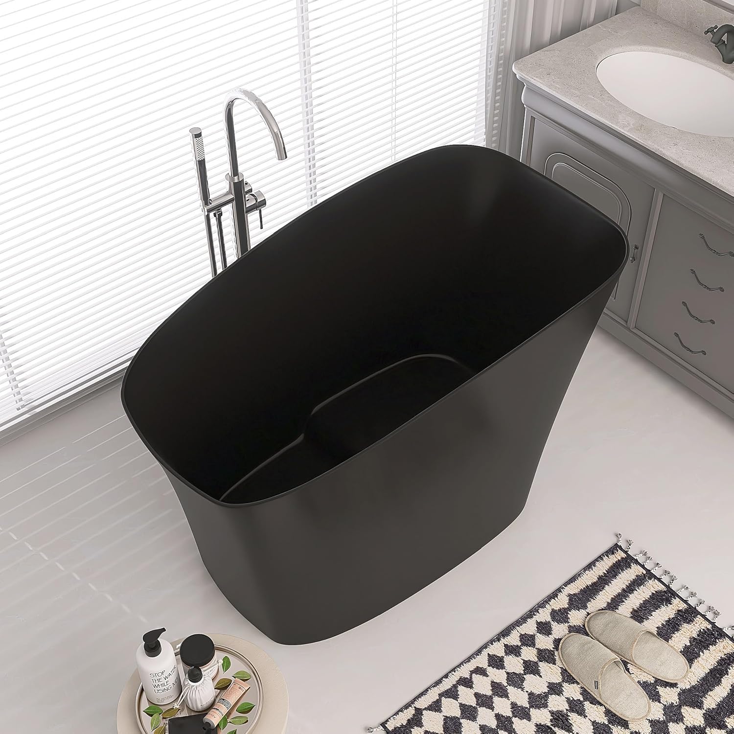 SJ STAR&JANE 51' Solid Surface Japanese Soaking Bathtub Stone Resin Freestanding Tub Deep Soaking Bathtub Sit-In Design with Overflow and Drain in Matte Black