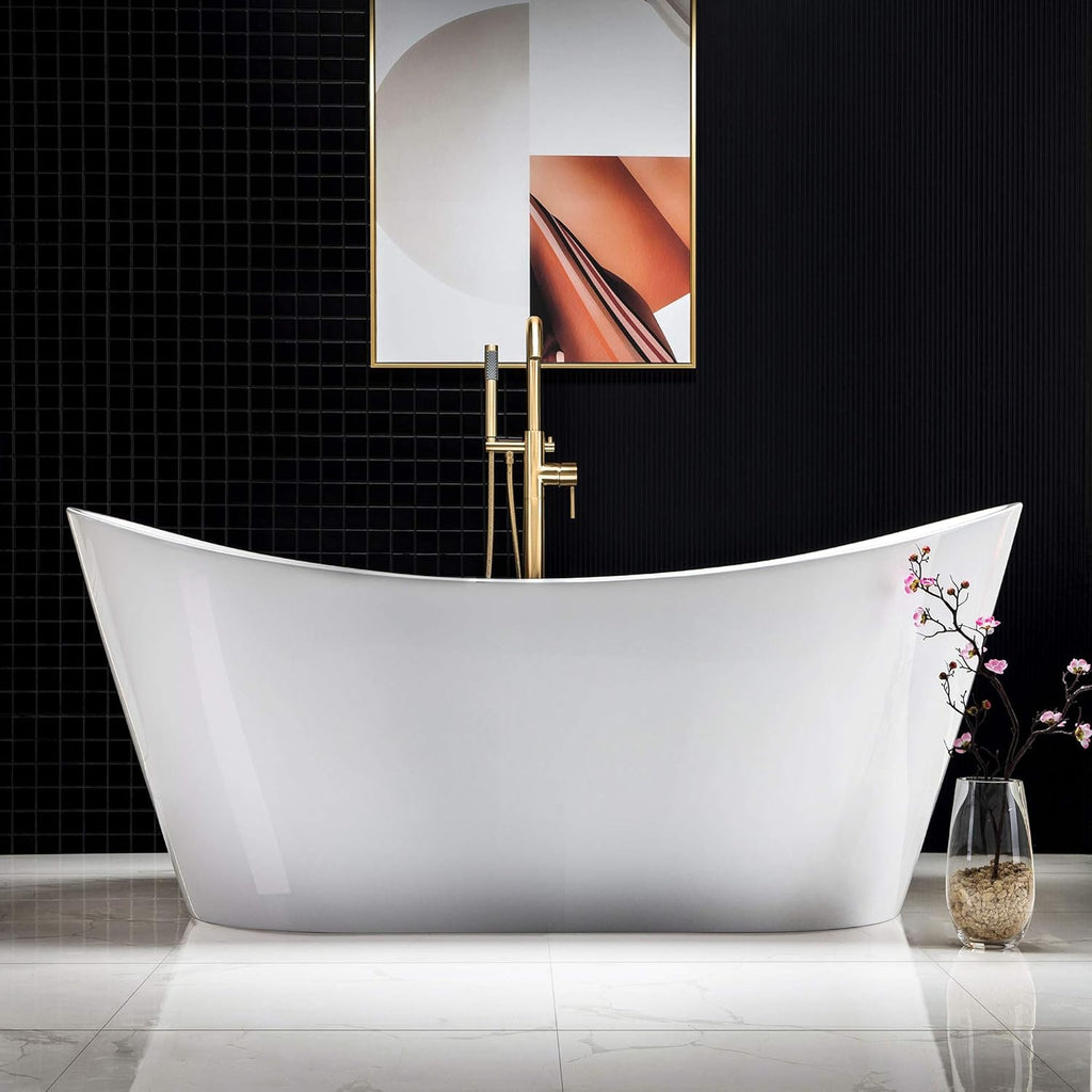 WOODBRIDGE 67' Acrylic Freestanding Bathtub Contemporary Soaking White Tub with Brushed Gold Overflow and Drain，BTA1515-BG-Drain&O