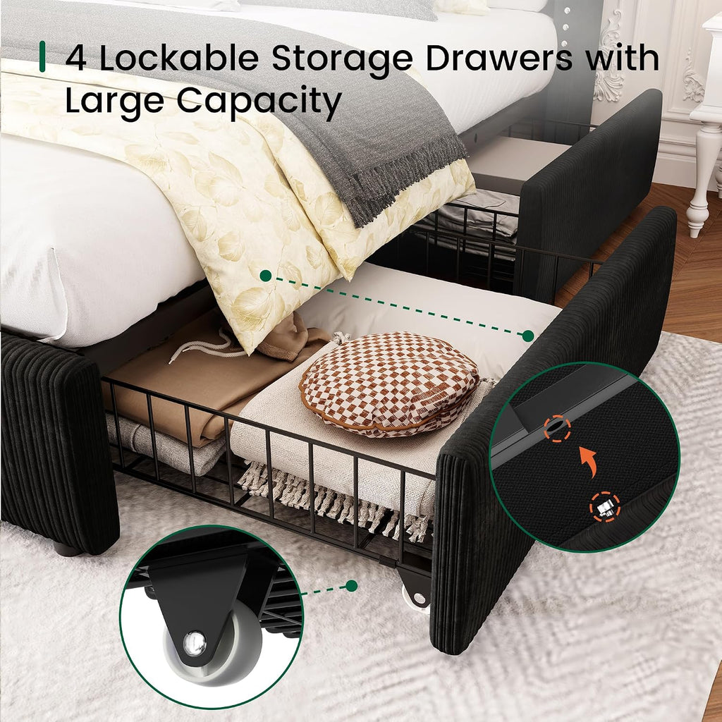 LARMACE Black Queen Bed Frame with Headboard Upholstered Platform Bed Frame Queen Size with 4 Storage Drawers Corduroy Bed Frame with Vertical Stripe,Solid Wood Leg/No Box Spring Needed/Noise Free