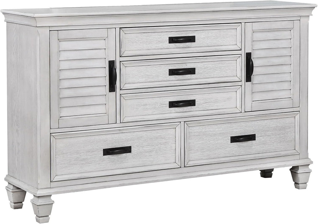 Coaster Home Furnishings Franco Farmhouse 4-Piece Bedroom Set Queen Size Storage Panel Bed Frame 57-inch Headboard Distressed White 205330Q-S4