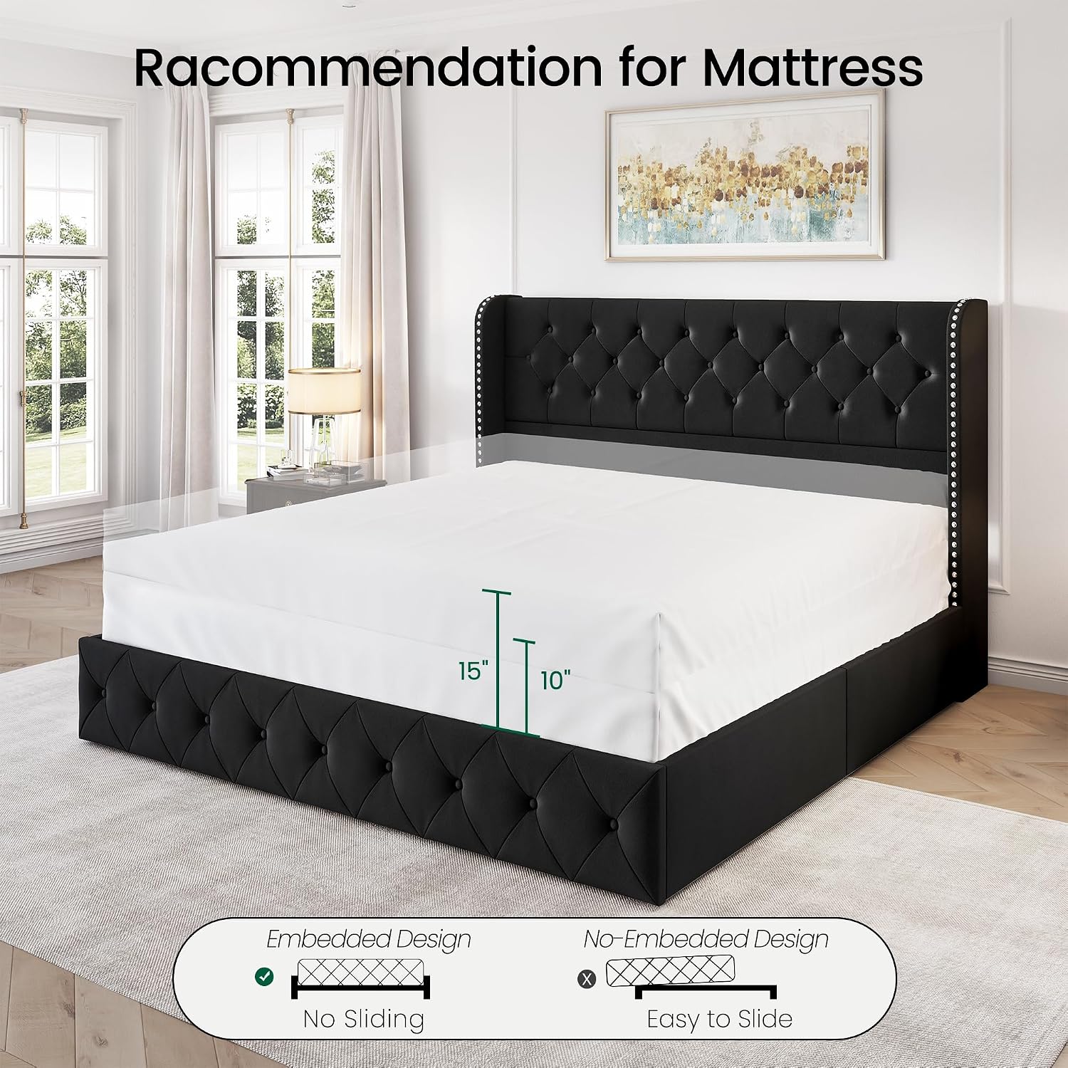 LARMACE King Size Bed Frame with 4 Storage Drawers and 47.2' Tall Tufted Headboard Velvet Upholstered Platform Bed Frame Wingback Beds with Wooden Slats Support, Easy Assembly, Black