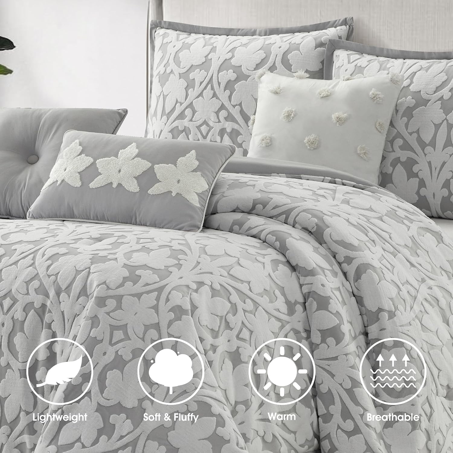 LANCO MODERN LIFESTYLE 7 Pieces Comforter Set, Queen, White Grey, Jacquard Floral Pattern and Classy Damask Medallion Design, Ultra Soft, Includes Bed Skirt, Shams, and Decorative Pillows