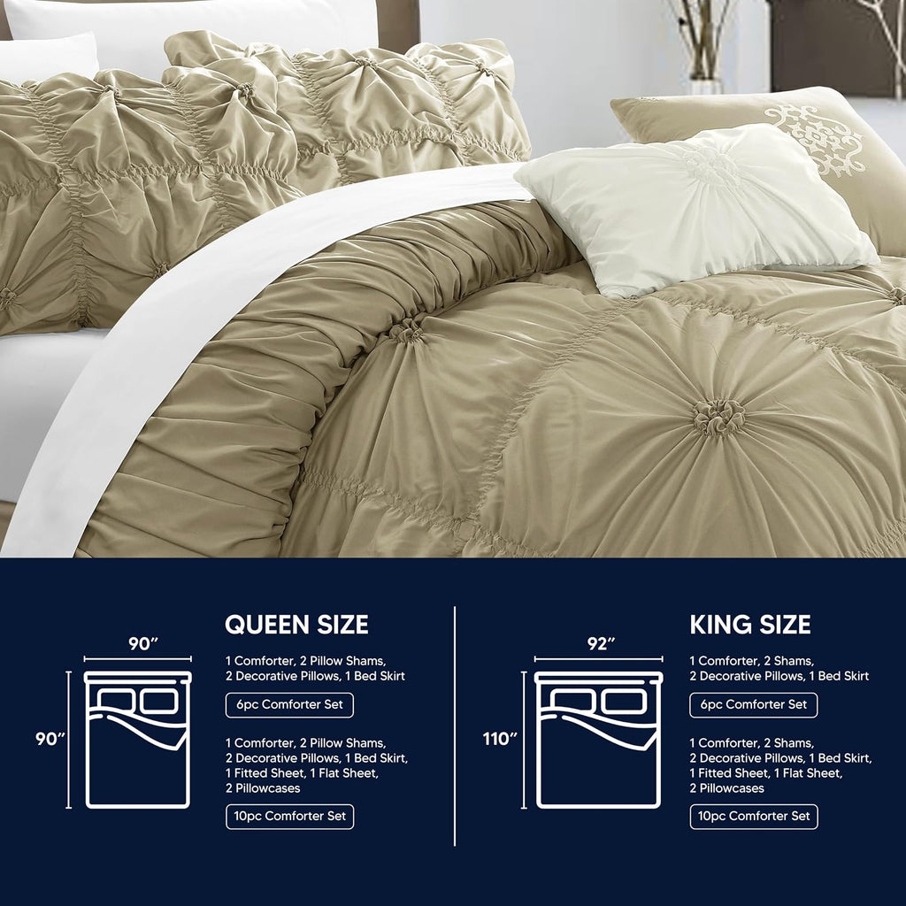 Chic Home Taupe Bed in a Bag Comforter Set, King Size (6 Piece), Halpert - Pintuck Pinch Pleat Microfiber Bedding - Shams, Bed Skirt, Flat & Fitted Sheet, Pillowcases, Breakfast & Decorative Pillow