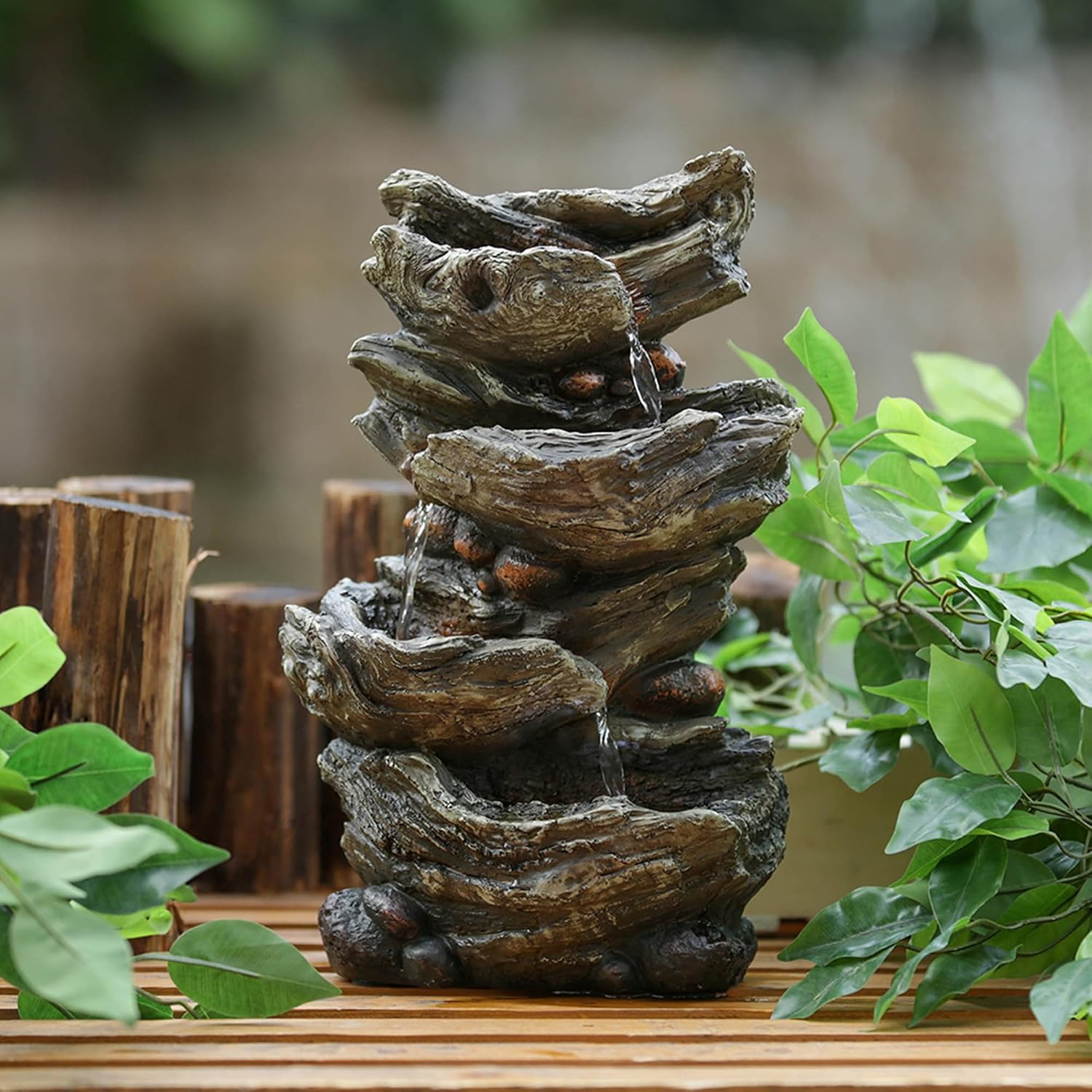9x5x14 Indoor Brown Wood Look Water Fountain, 4 Tier Polyresin Cascading Wood Tabletop Fountain with LED Light