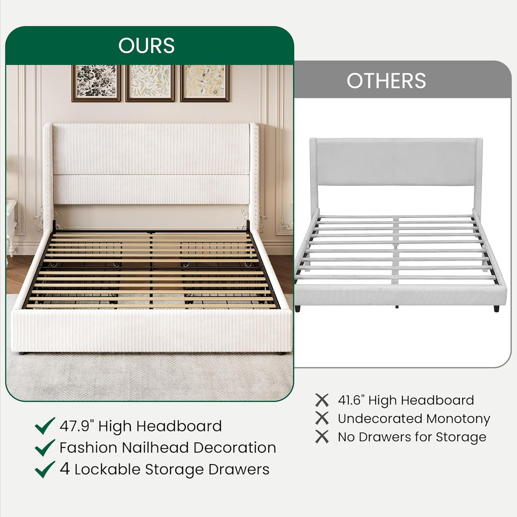 LARMACE Queen Bed Frame with 4 Storage Drawers,Upholstered Bed Frame Queen Size with Headboard Corduroy Platform Bed Frame with Vertical Stripe,Solid Wood Leg/No Box Spring Needed/Noise Free,White