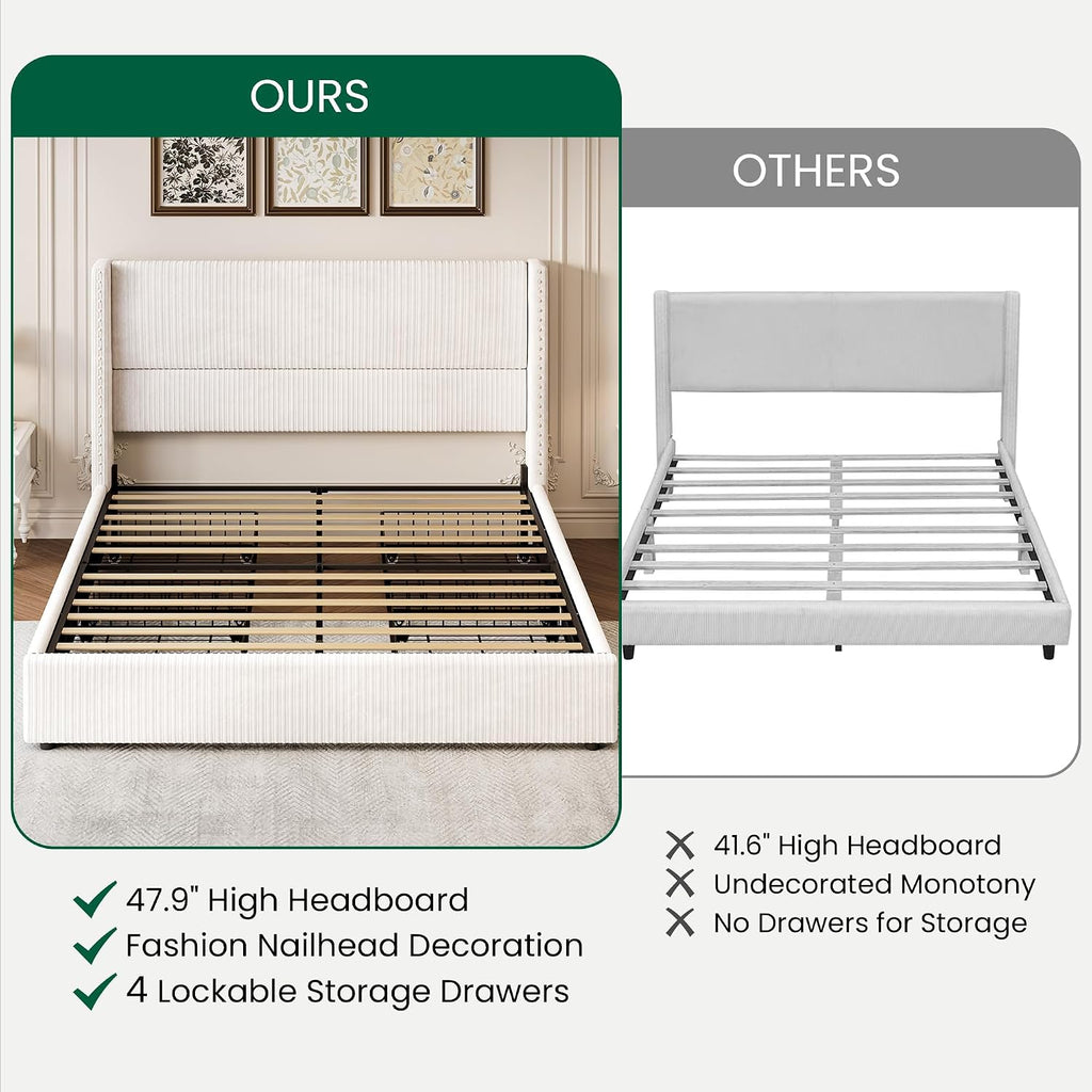 LARMACE King Size Bed Frame with 4 Storage Drawers Modern White Corduroy Upholstered Platform Bed Frame with Headboard Tufted Vertical Stripe &Wooden Slats Support, No Box Spring Need,Easy Assembly