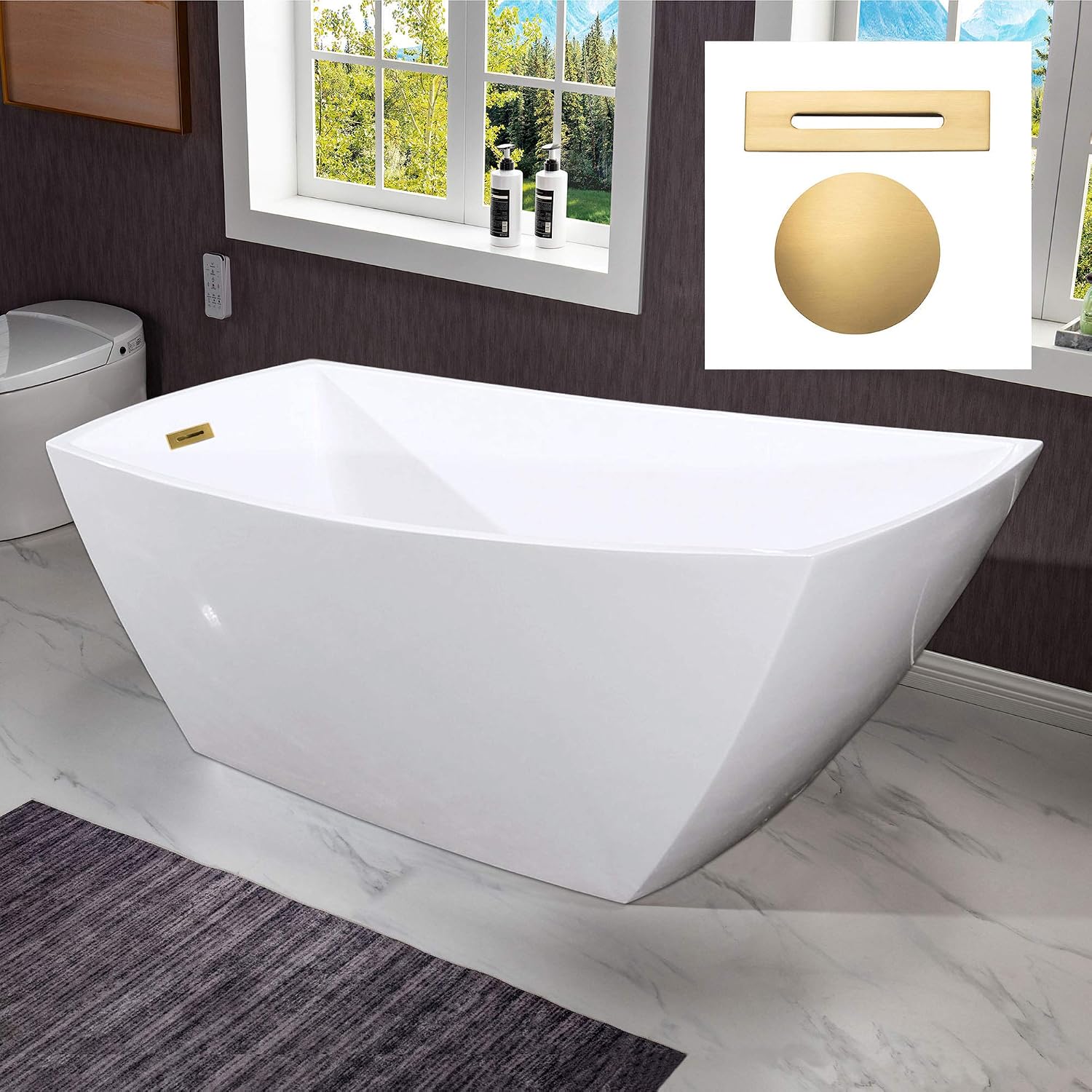 WOODBRIDGE 67' Acrylic Freestanding Bathtub Contemporary Soaking Tub with Brushed Gold Overflow and Drain,White