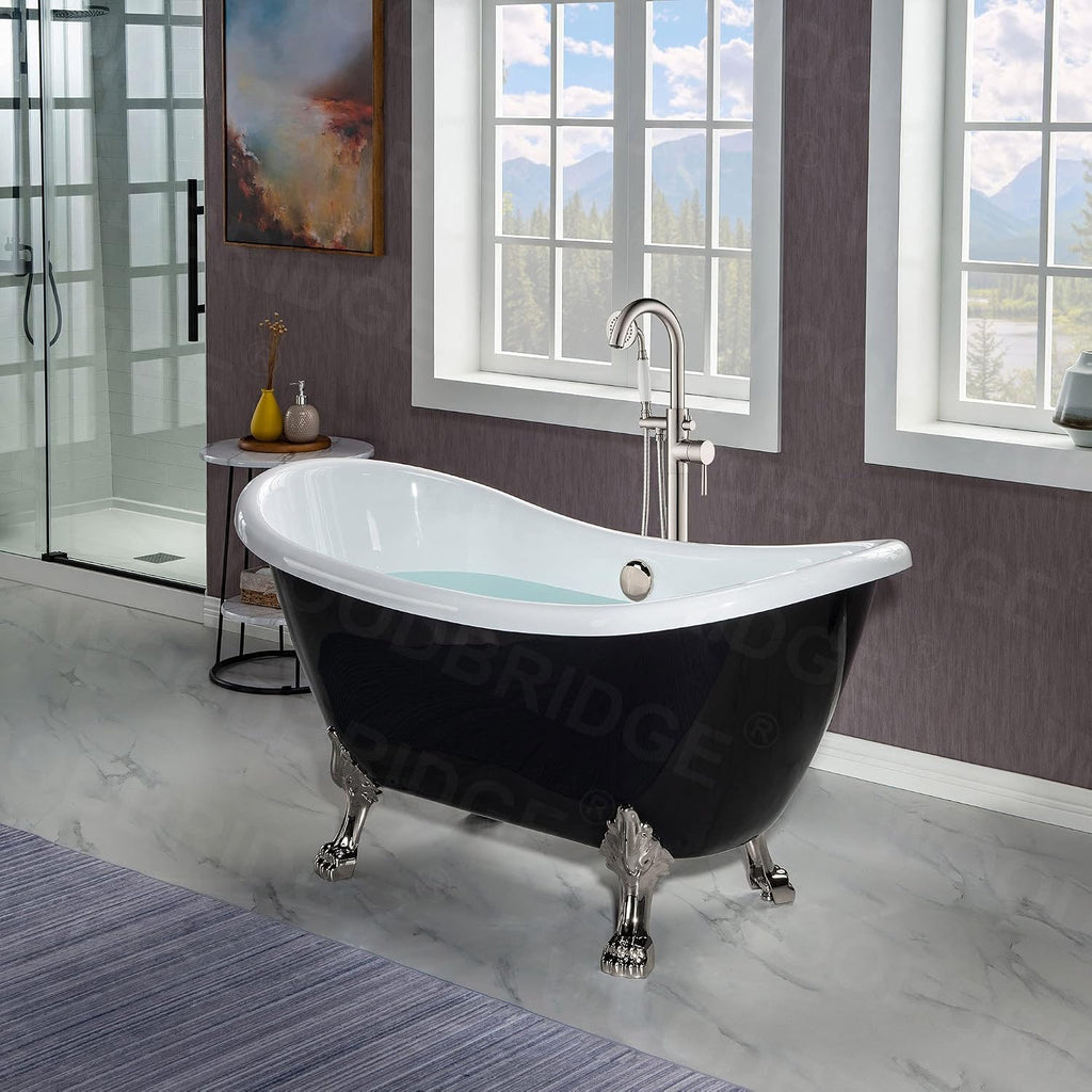 WOODBRIDGE 59' Heavy Duty Acrylic Double Slipper Clawfoot Bath Tub in Black Color with Brushed Nickel Feet + Brushed Nickel Drain &Overflow