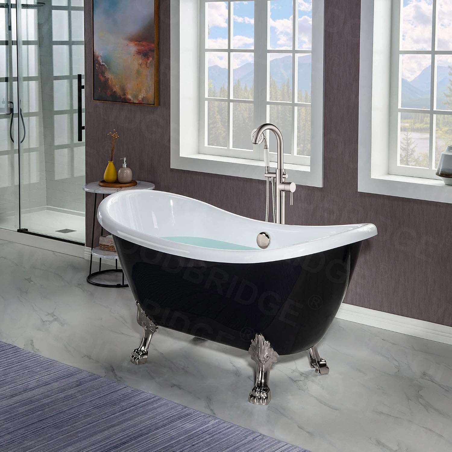 WOODBRIDGE 59' Heavy Duty Acrylic Double Slipper Clawfoot Bath Tub in Black Color with Brushed Nickel Feet + Brushed Nickel Drain &Overflow