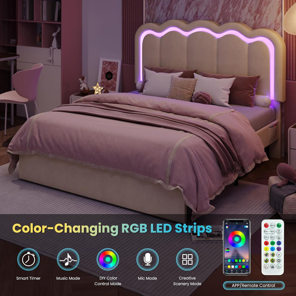 SHA CERLIN Upholstered Queen Size Bed Frame with LED Lights and Large Storage Drawer, Velvet Platform Bed with Adjustable Wavy Headboard, Noise Free, Easy Assembly, No Box Spring Needed, Soft Cream