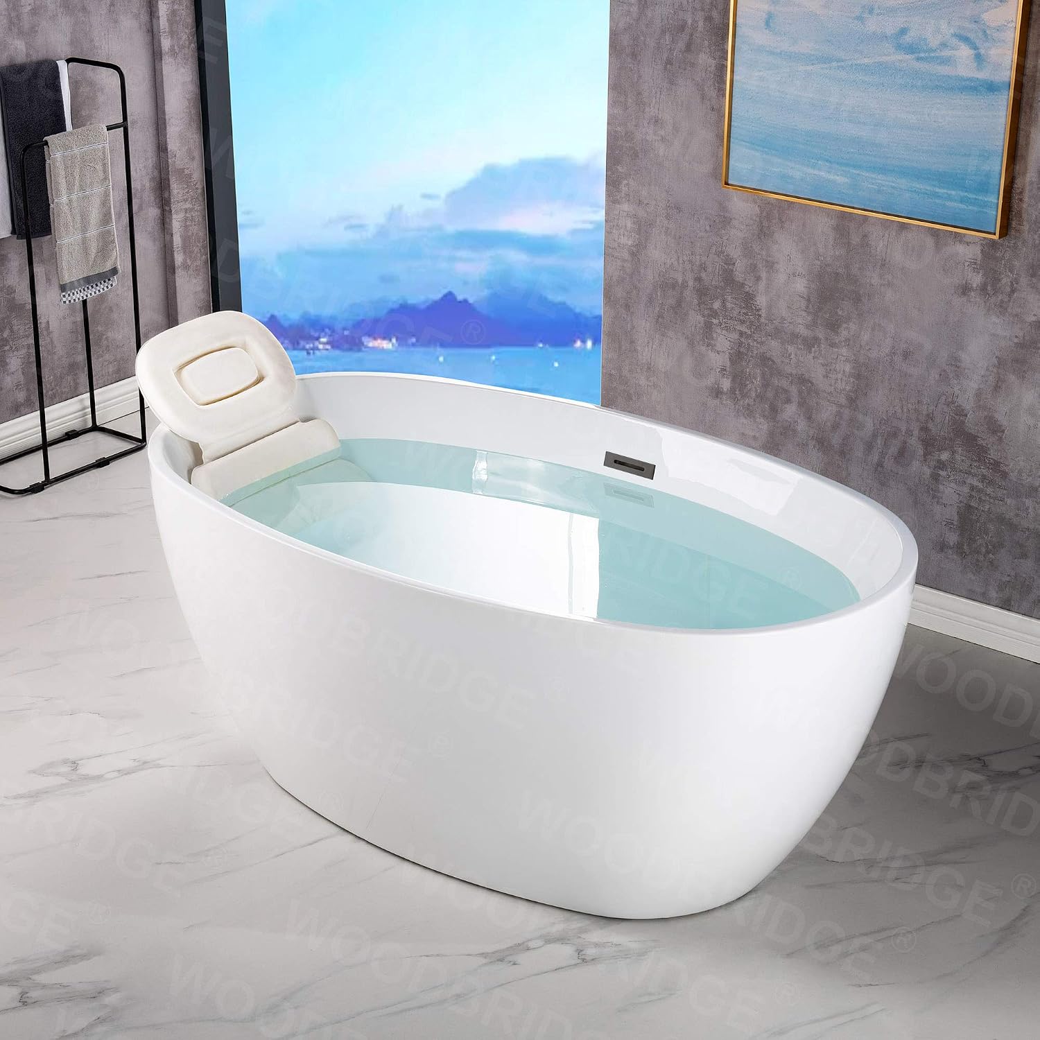 WOODBRIDGE 55' Acrylic Freestanding Bathtub Contemporary Soaking White Tub with Matte Black Overflow and Drain,B1418 -MB-Drain &O