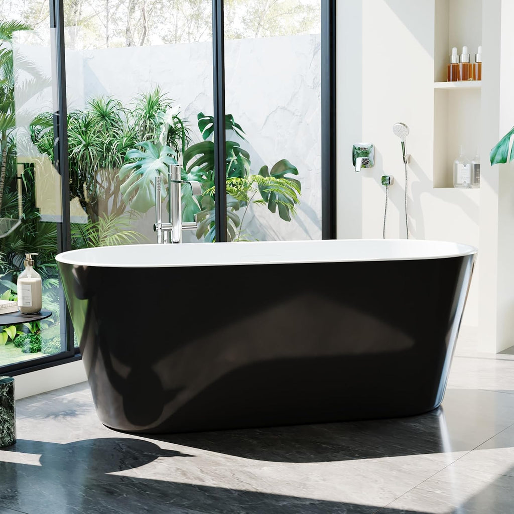 67' Acrylic Freestanding Bathtub, Deep Soaking Tub with Non-Slip Base, cUPC Certified Free Standing Tub, Chrome Drain Bath Tub, Modern Tub for Bathrooms, Black