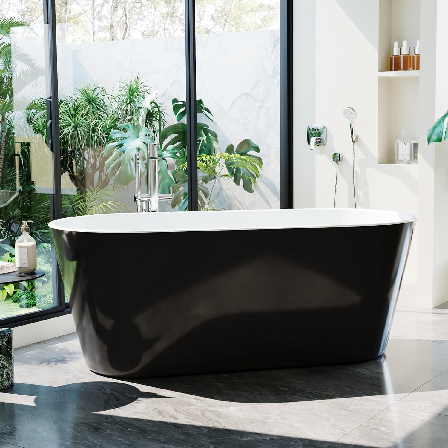 67' Acrylic Freestanding Bathtub, Deep Soaking Tub with Non-Slip Base, cUPC Certified Free Standing Tub, Chrome Drain Bath Tub, Modern Tub for Bathrooms, Black