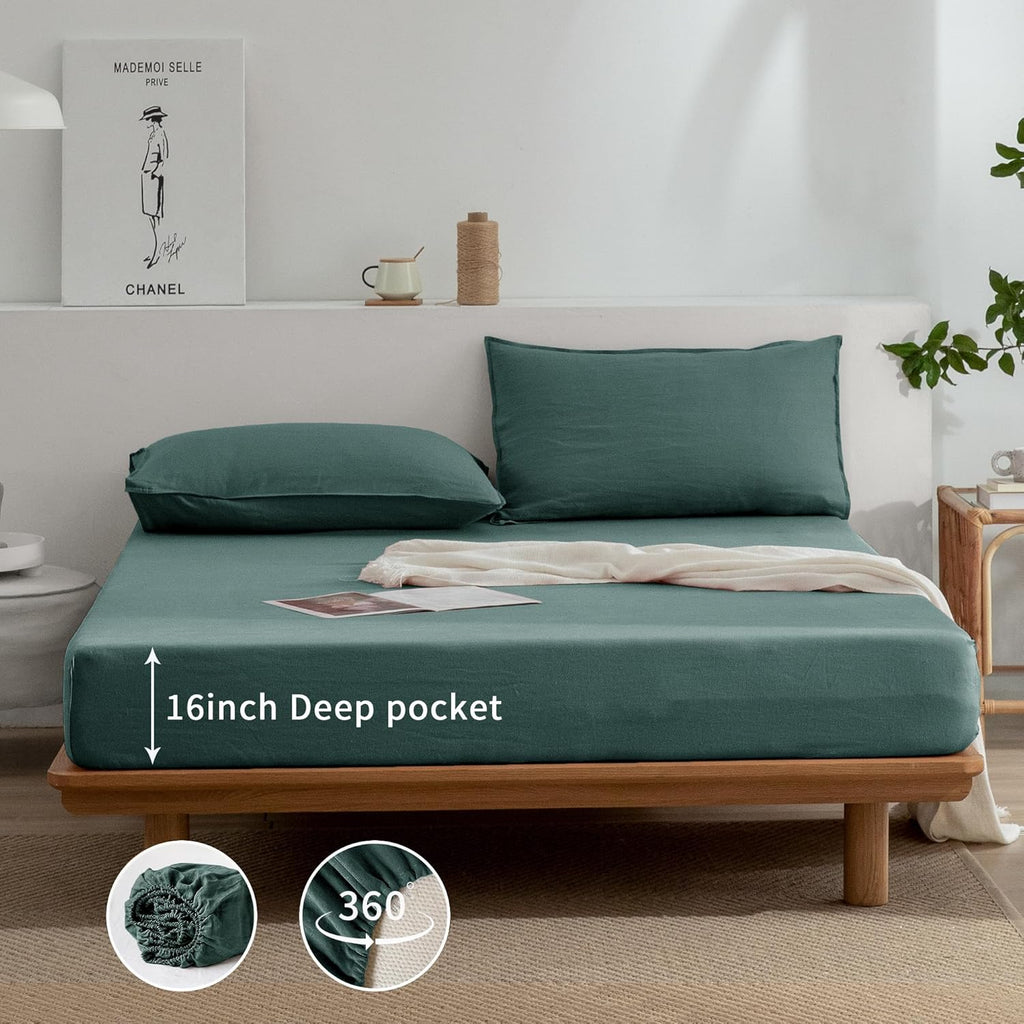 EVERLY Linen Sheets Queen Size,100% Stonewashed Pure French Linen16Inch Deep Pocket Sheets,4Pieces (1Flat Sheet,1Fitted Sheet,2Pillowcase) Natural Flax Soft and Breathable for Hot Sleepers-Aqua