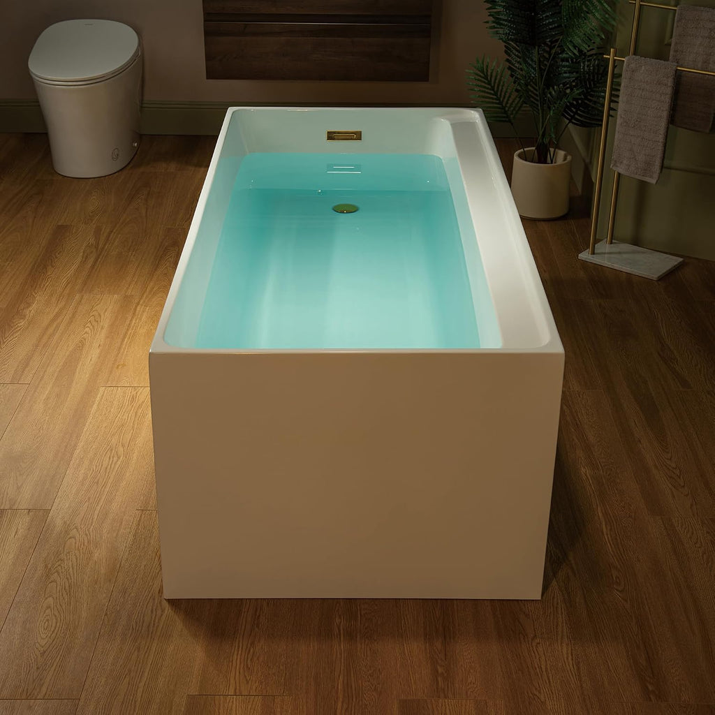 WOODBRIDGE 66-7/8' L x 31-1/2' W Freestanding Contemporary Soaking Bathtub with Brushed Gold Drain & Overflow, White, B6710-BG