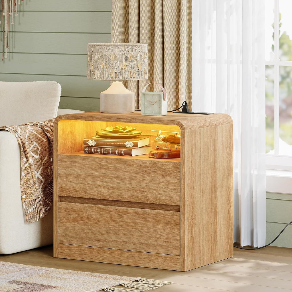 TEENFON Nightstands Set of 2 with Charging Station & LED Lights, Curved Corner Bedside Table 21.7' W, 2 Drawers & Open Shelf, USB-C & USB Ports, Natural, Storage End Table for Bedroom/Living Room