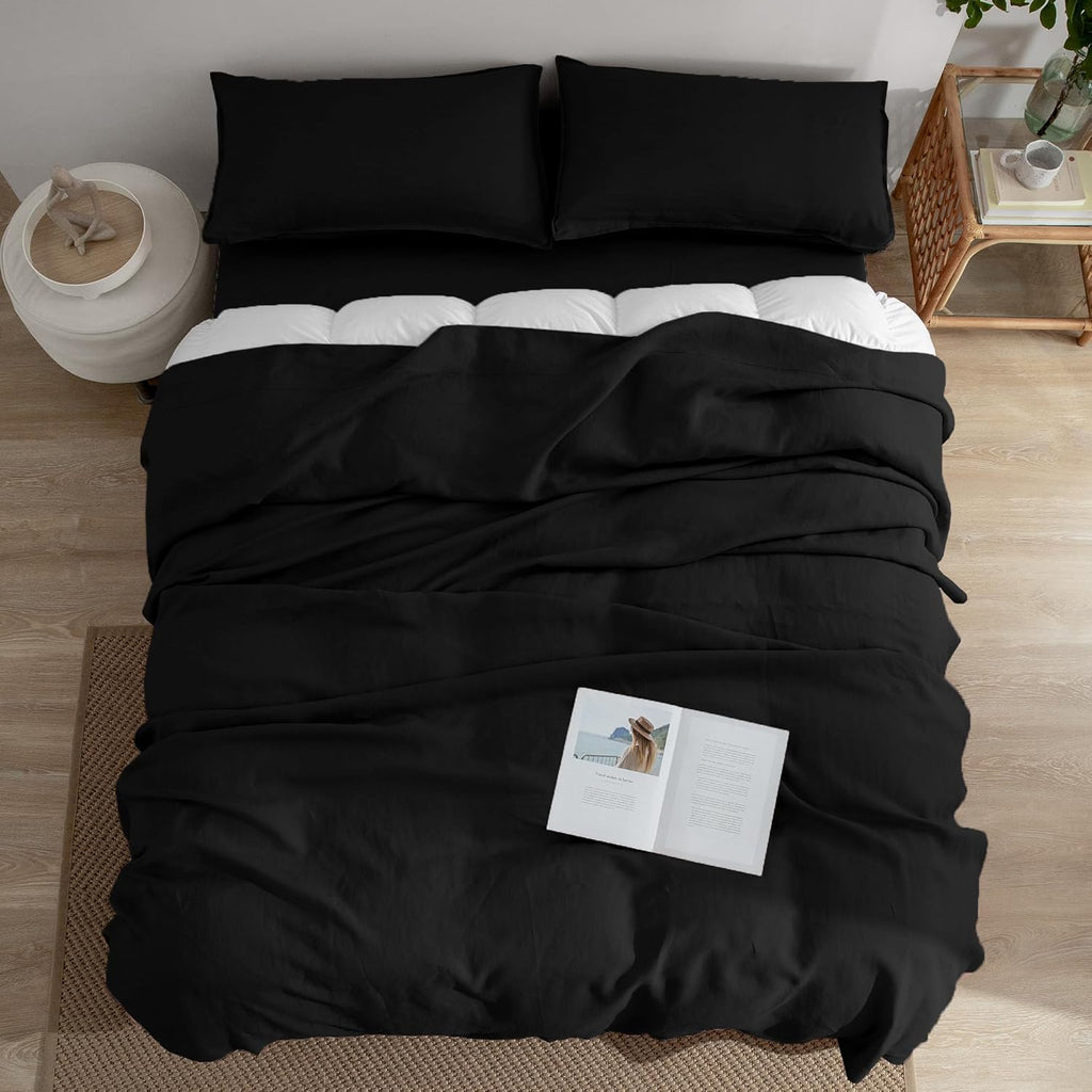 EVERLY Linen Sheets Set Queen Size,100% French Stonewash Pure Linen Sheets Set,4Pieces (1Flat Sheet,1Fitted Sheet,2Pillowcase) Suitable for Hot Sleepers,Deep Pocket Natural Bedding Set-Black