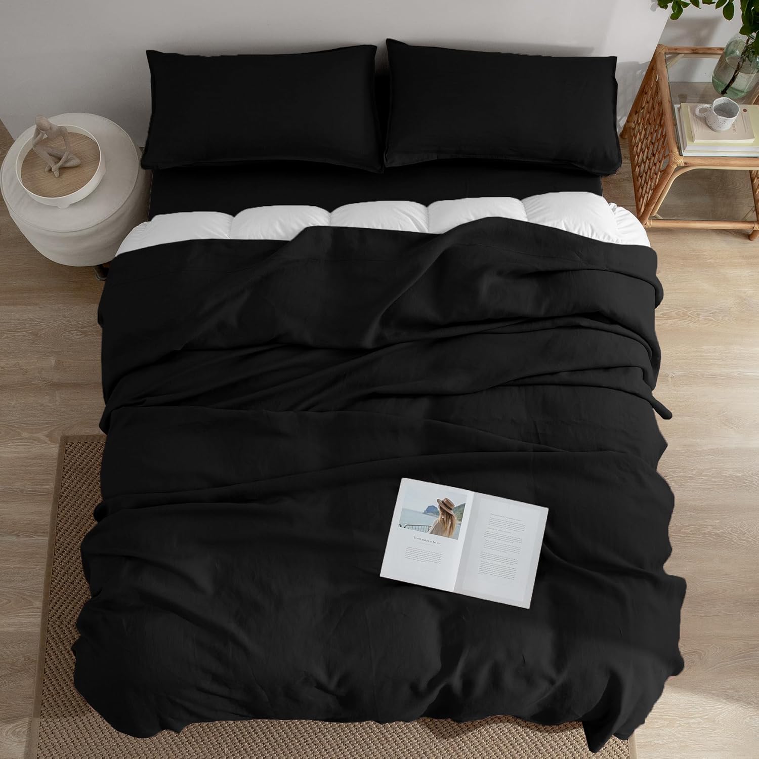 EVERLY Linen Sheets Set Queen Size,100% French Stonewash Pure Linen Sheets Set,4Pieces (1Flat Sheet,1Fitted Sheet,2Pillowcase) Suitable for Hot Sleepers,Deep Pocket Natural Bedding Set-Black