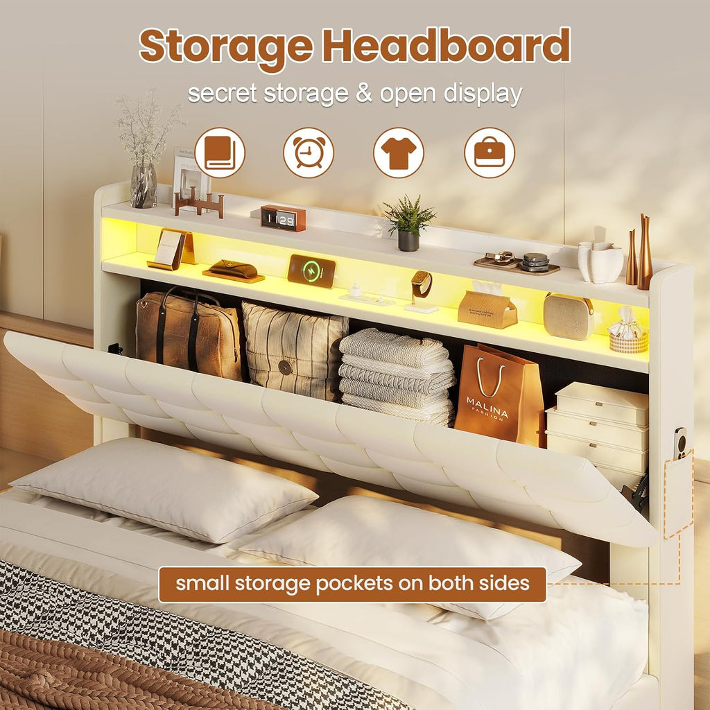 ADORNEVE Lift Up Storage Full Bed Frame with LED Lights, Hidden Storage Headboard and Charging Station, Upholstered Platform Bed, LED Bed with Hydraulic, No Box Spring Needed, Creamy White