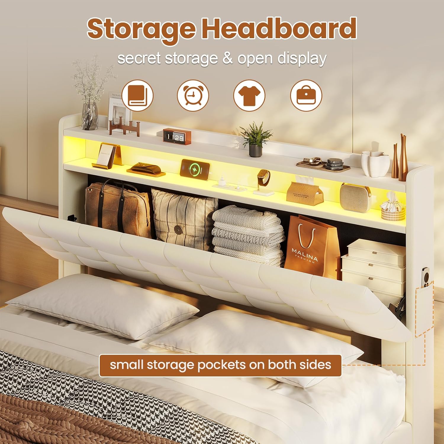 ADORNEVE Lift Up Storage Full Bed Frame with LED Lights, Hidden Storage Headboard and Charging Station, Upholstered Platform Bed, LED Bed with Hydraulic, No Box Spring Needed, Creamy White