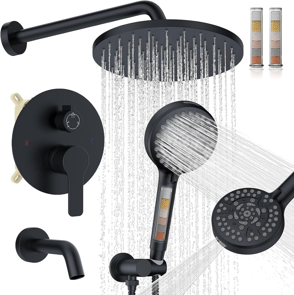 Iriber Mattle Black Bathtub Shower Faucet Set，Bathroom Shower System with Tub Spout ，Filtered Shower Head with Handheld, 9 Spray Mode Showerhead,Shower Valve Trim Kit Contain Cartridge,10 Inch
