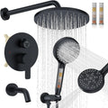 Iriber Mattle Black Bathtub Shower Faucet Set，Bathroom Shower System with Tub Spout ，Filtered Shower Head with Handheld, 9 Spray Mode Showerhead,Shower Valve Trim Kit Contain Cartridge,10 Inch