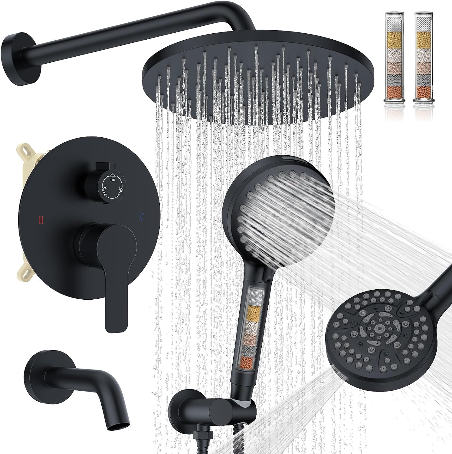 Iriber Mattle Black Bathtub Shower Faucet Set，Bathroom Shower System with Tub Spout ，Filtered Shower Head with Handheld, 9 Spray Mode Showerhead,Shower Valve Trim Kit Contain Cartridge,10 Inch
