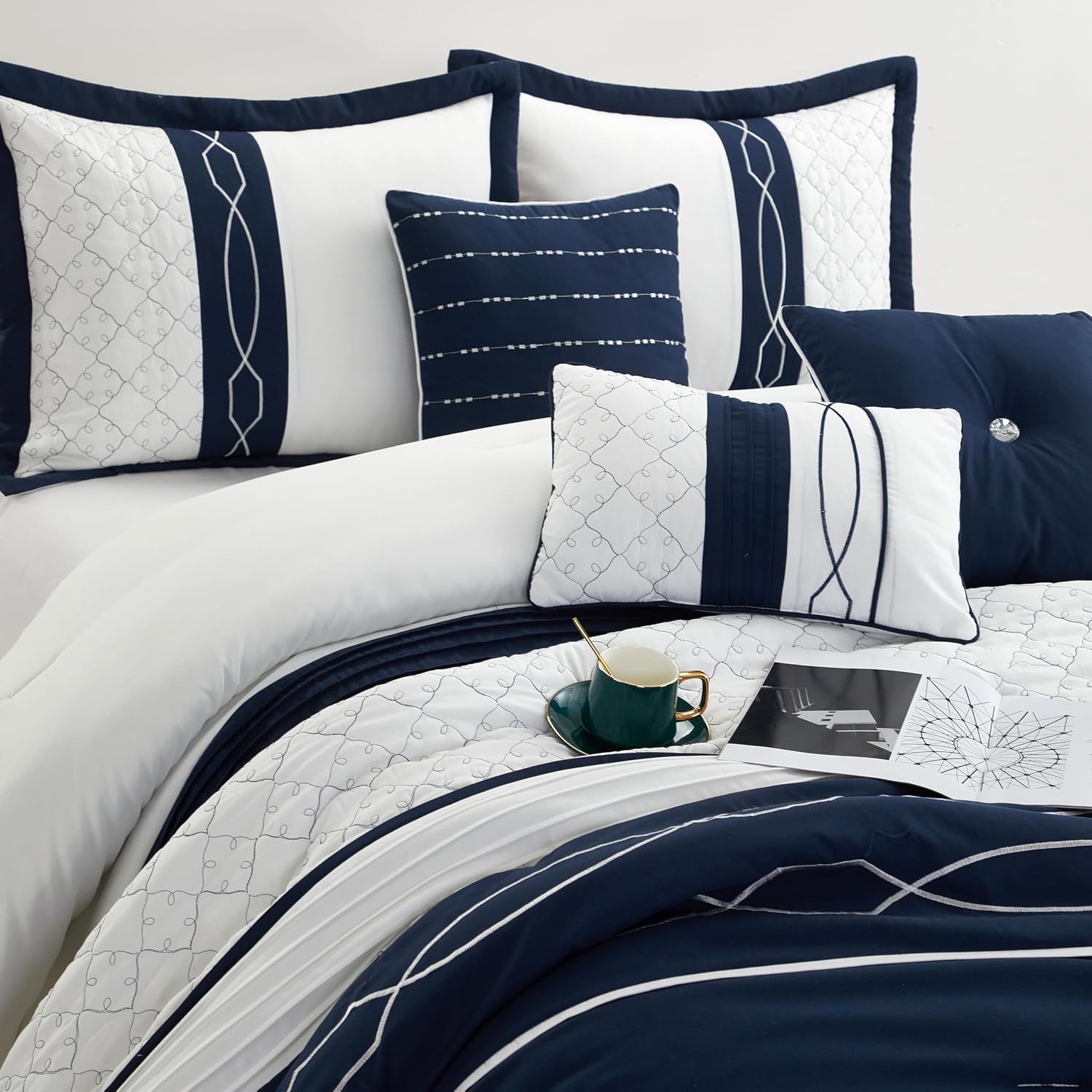 Grand Avenue Navy Geometric Comforter Set, King Size, 7 Piece All Season Bedding Set, Bedskirt, Pillows & Shams, Ultro-Soft Comforter, Home Decor