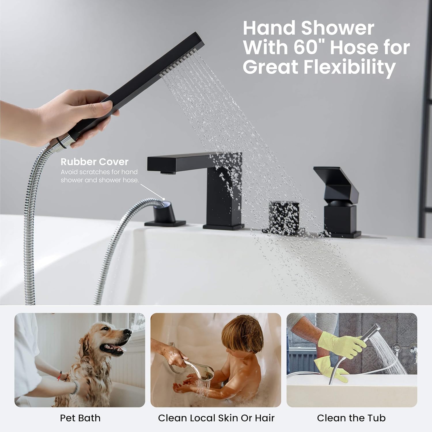 KIBI Cube Roman Single Handle Tub Faucet with Hand Shower | Deck Mount Bathtub Filler Set in Matte Black | Solid Brass Body Bathtub Faucet with Easy Diverter, Pull-Out Spray & 60' Hose (KTF3102MB)