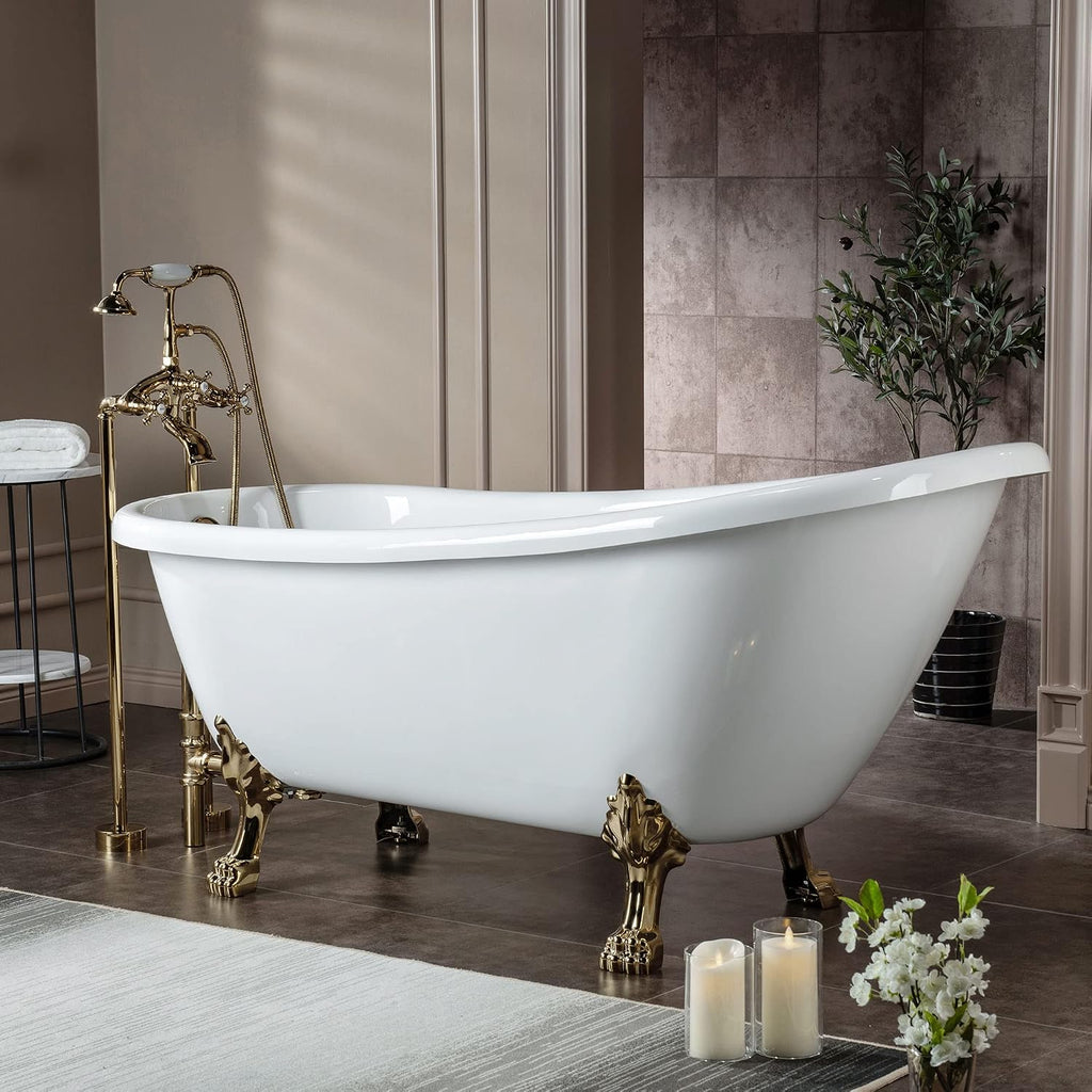 WOODBRIDGE All Inclusive Package 67' Heavy Duty Acrylic Slipper Clawfoot Bath Tub with Polished Gold Feet+Polished Gold Drain &Overflow +PG Faucet