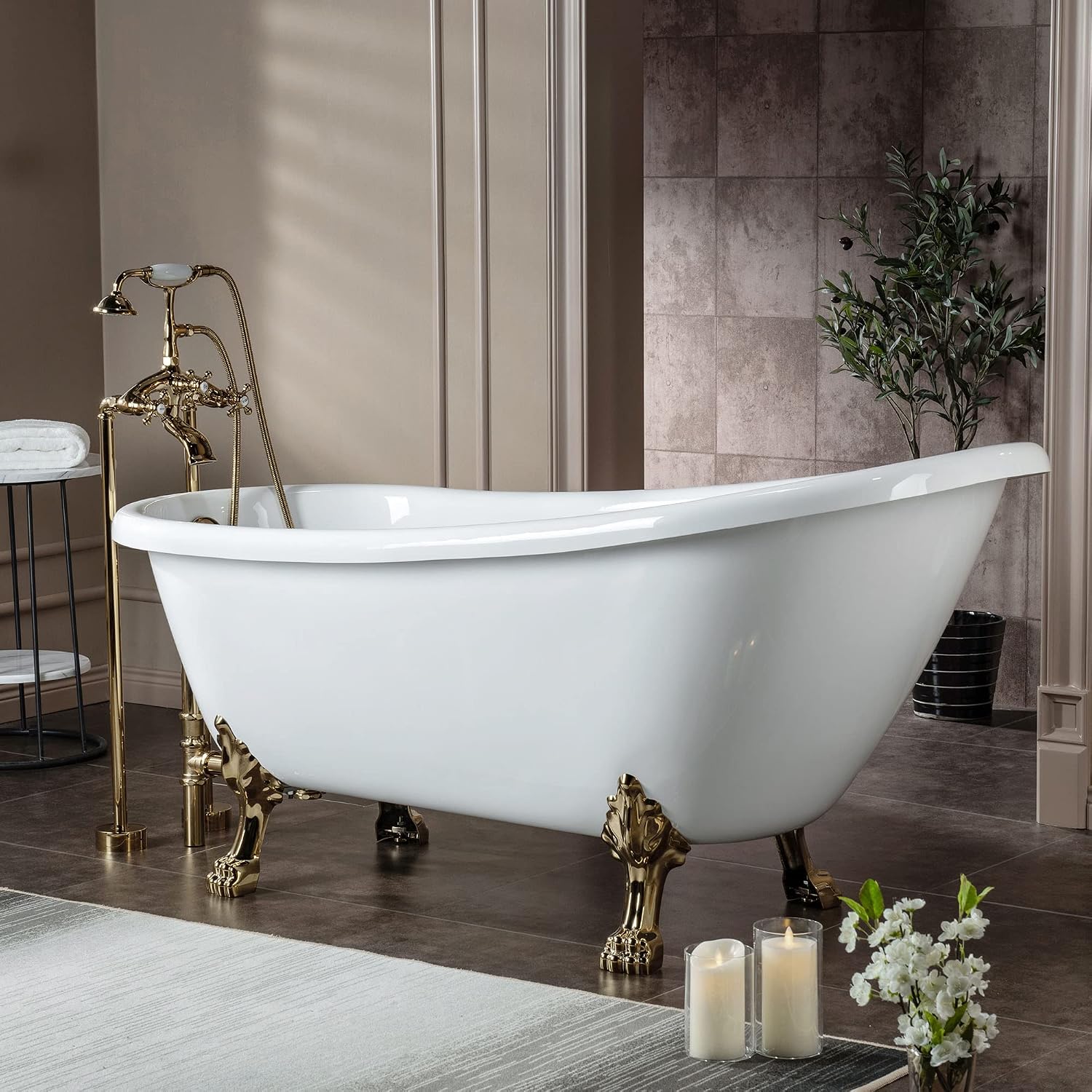 WOODBRIDGE All Inclusive Package 67' Heavy Duty Acrylic Slipper Clawfoot Bath Tub with Polished Gold Feet+Polished Gold Drain &Overflow +PG Faucet