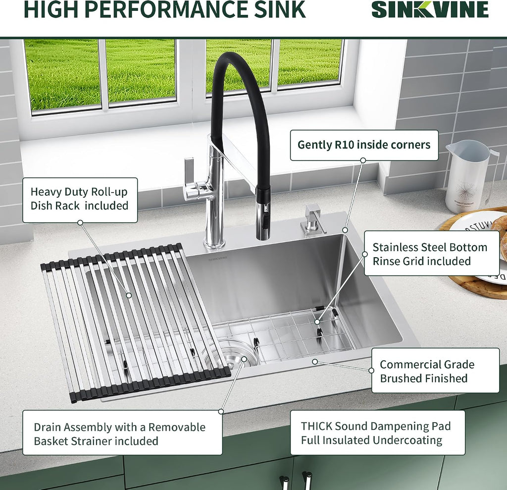 25-Inch Drop-In Kitchen Sink, SINKVINE 25' x 22' Stainless Steel Indoor and Outdoor Sink, Top Mount Large Deep Single Bowl Sink for Laundry Room, with Drain Strainer, Bottom Grid, Roll-up Drying Unit
