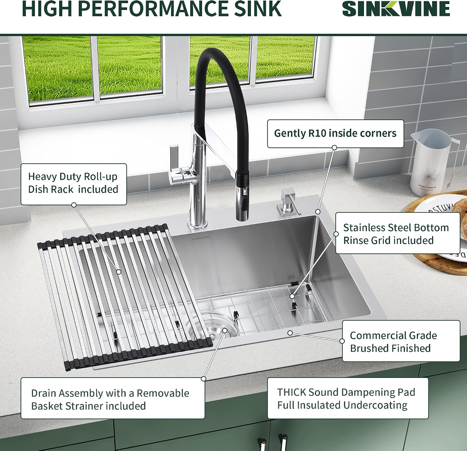 25-Inch Drop-In Kitchen Sink, SINKVINE 25' x 22' Stainless Steel Indoor and Outdoor Sink, Top Mount Large Deep Single Bowl Sink for Laundry Room, with Drain Strainer, Bottom Grid, Roll-up Drying Unit