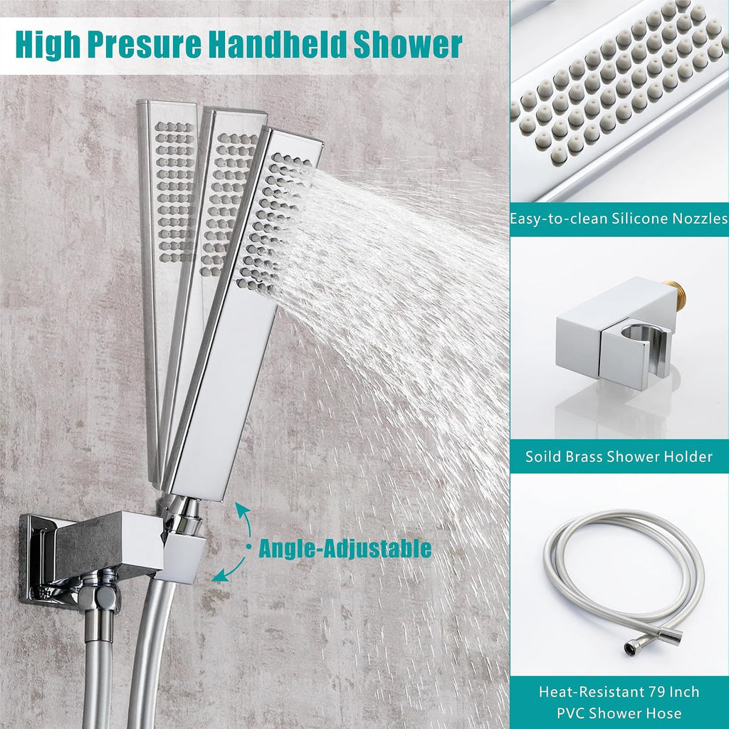 SKOWLL Shower Faucet Set with Handheld, Wall Mount 12 Inch Chrome Shower Head System, LED Overhead Shower Combo Set Rough-in Valve and Trim Included