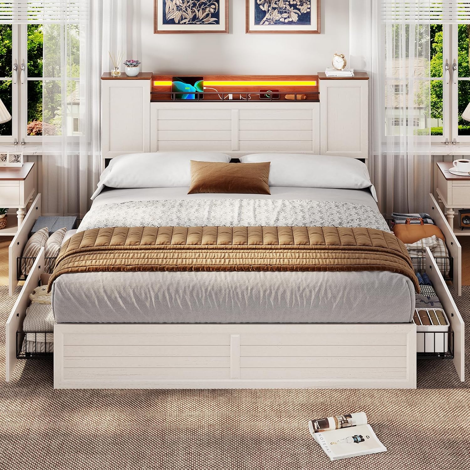 VIAGDO Farmhouse Full Size Bed Frame with Headboard and Double Barn Door Storage Cabinets, Rustic Wooden Bed Frame Full with Charging Station, 4 Drawers and LED Lights, No Box Spring Needed, White