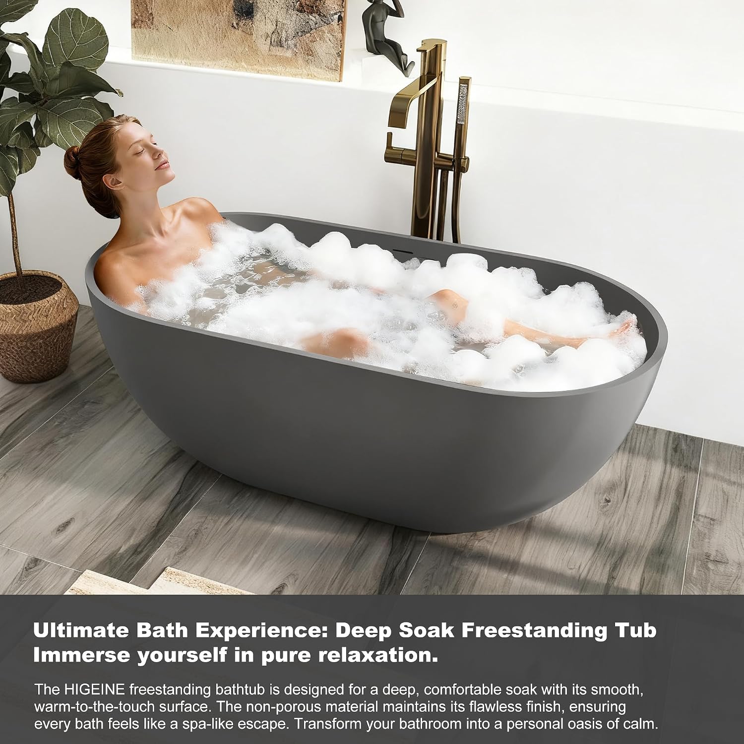 59' Premium Solid Surface Free Standing Bathtub, Oval Stone Resin Tub with Overflow and Pop-up Drain, Matte Dark Grey