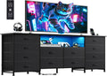 WLIVE 12 Drawer Dresser for Bedroom, Black Dresser TV Stand for 65, 70, 75 inch TV with Led Light & Charging Station, Wide Chest of Drawers with Open Shelves, Fabric Dressers for Closet, Living Room