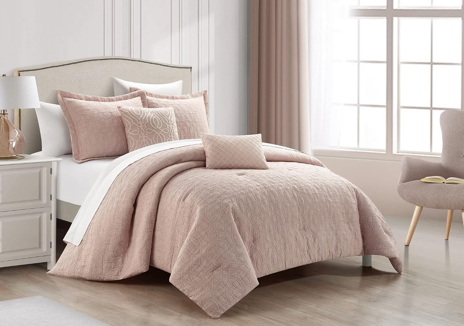 Chic Home Blush Bed in a Bag Comforter Set, King Size (5 Pieces), New York & Company Trinity - Polyester Bedding with Jacquard Interlaced Pattern - Comforter, Pillow Shams and Decorative Pillows