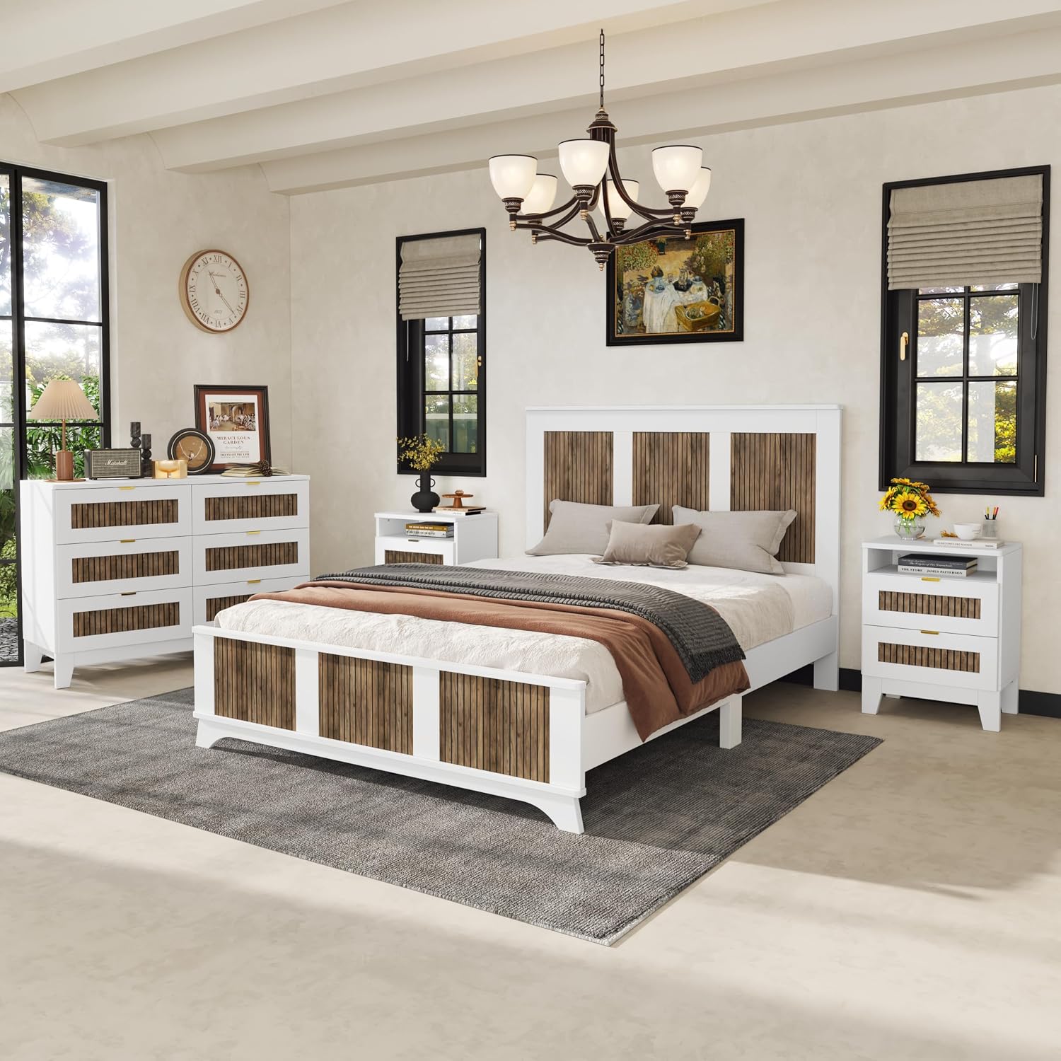 Harper & Bright Designs 4-Pieces Bedroom Sets, Queen Size Platform Bed with 2 Nightstands and A 6-Drawer Dresser, Queen Size Bedroom Set with Wooden Strip Decoration, White