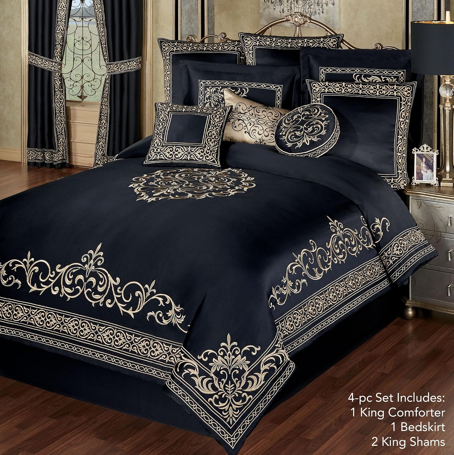 Touch of Class Kensington Luxury Bedding | Classic Black | Palace-Inspired Golden Scrollwork Embroidery on Sateen | Designed 4-Piece Set Includes King Comforter, Bedskirt, and 2 King Shams