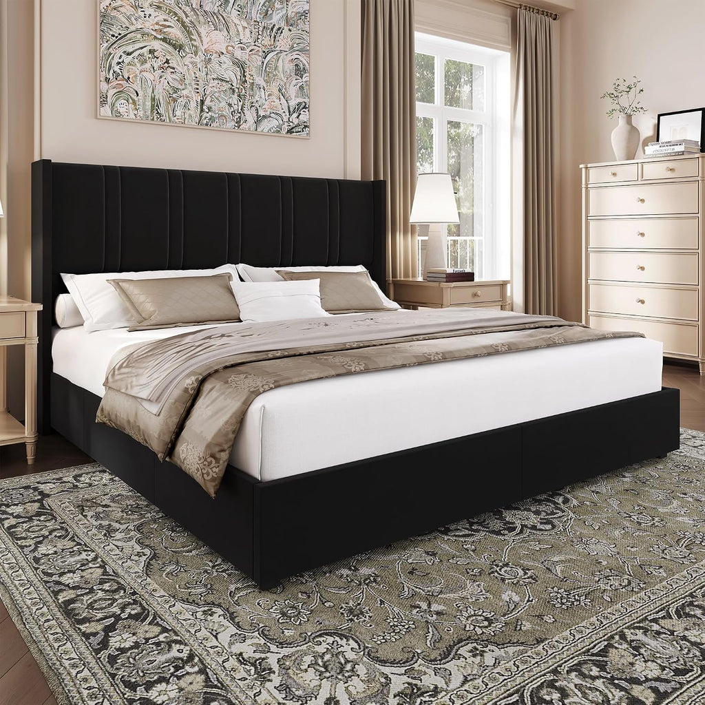 BRELTAM Queen Size Bed Frame with 4 Storage Drawers Velvet Upholstered Platform Bed with Wingback Headboard, No Box Spring Needed, Easy Assembly, Black
