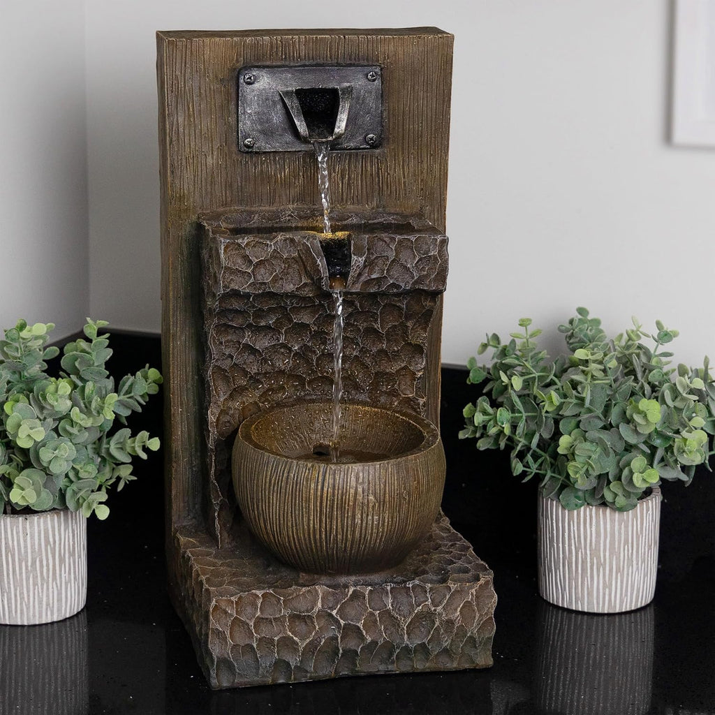 Alpine Corporation ZDQ108 Indoor/Outdoor Floor 3-Tier Fountain with LED Lights, Cascading Garden Water Fountain, 20' H, Brown