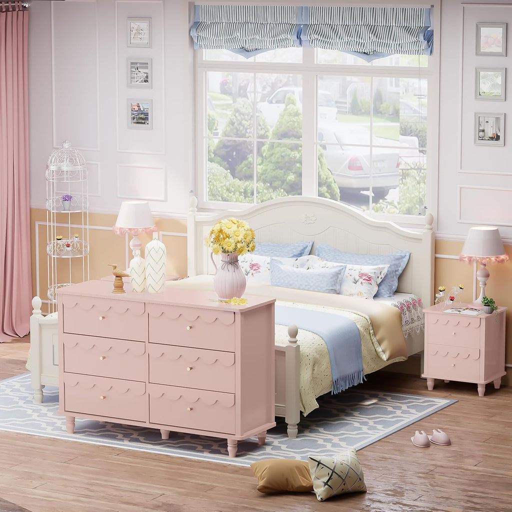 Anbuy Bedroom Sets Scalloped 6 Drawer Dresser and Night Stand Sets for Bedroom, Two Drawers Nightstand Set of 2 & 6 Drawer Dresser Combo 3 Pieces (Pink)